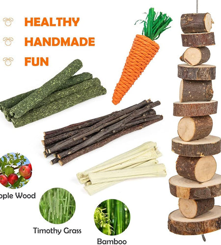 Rabbit Toys Bunny/Guinea Pig Toys Natural Timothy Hay Hamster Toys for Teeth Handmade Chews and Treats Apple Wood Sticks Chinchilla Rat