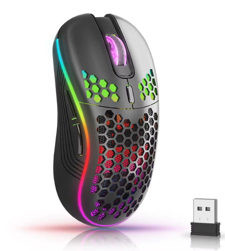 2.4G Wireless Mouse with RGB Backlit 6-Button 3-Speed DPI Type C Rechargeable Ergonomic Honeycomb Design Gaming Mouse