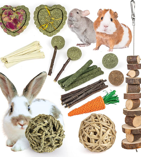 Rabbit Toys Bunny/Guinea Pig Toys Natural Timothy Hay Hamster Toys for Teeth Handmade Chews and Treats Apple Wood Sticks Chinchilla Rat